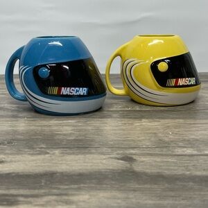 2-NASCAR Yellow & Blue Helmet Ceramic Mug Cup Stock Car Racing 03' Sherwood. EUC